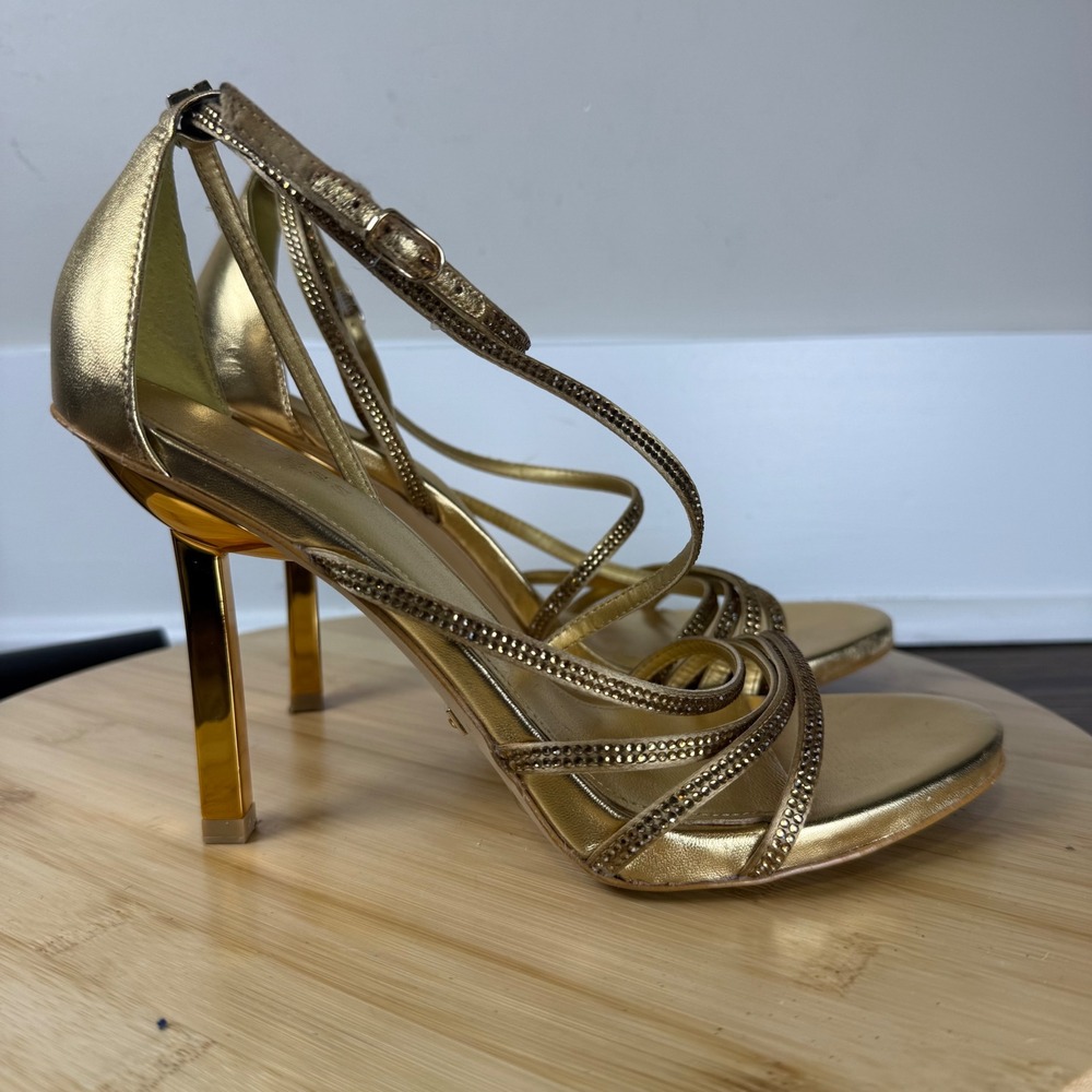 Guess Sandal Women 7.5 Gold Rhinestone Strappy Stiletto Heel Glam Wedding Guest